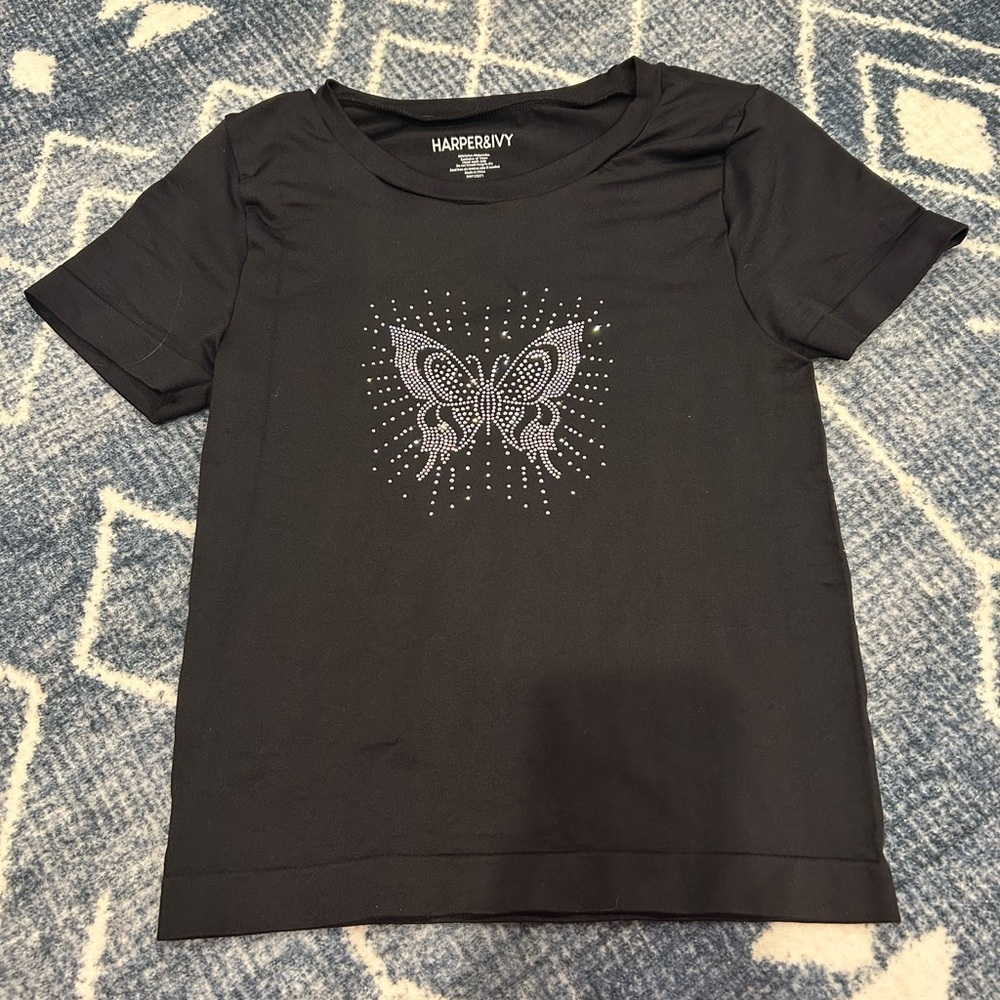 BLACK RHINESTONE BUTTERFLY TEE - Picture 2 of 4